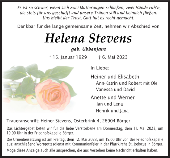 Traueranzeige von Helena Stevens von Neue Osnabrücker Zeitung GmbH & Co. KG