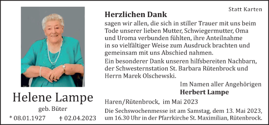 Traueranzeige von Helene Lampe von Neue Osnabrücker Zeitung GmbH & Co. KG