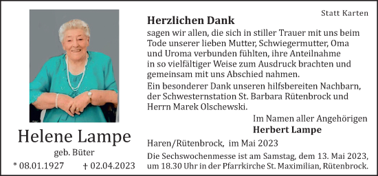 Traueranzeige von Helene Lampe von Neue Osnabrücker Zeitung GmbH & Co. KG