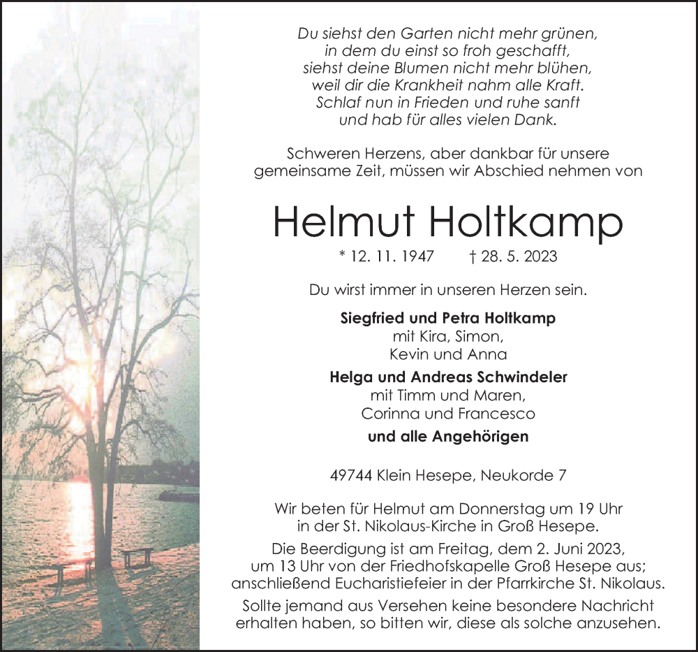  Traueranzeige für Helmut Holtkamp vom 31.05.2023 aus Neue Osnabrücker Zeitung GmbH & Co. KG