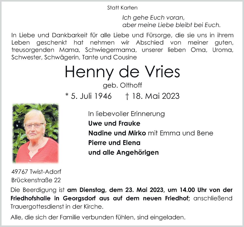 Traueranzeige für Henny de Vries vom 20.05.2023 aus Neue Osnabrücker Zeitung GmbH & Co. KG