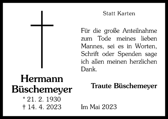 Traueranzeige von Hermann Büschemeyer von Neue Osnabrücker Zeitung GmbH & Co. KG