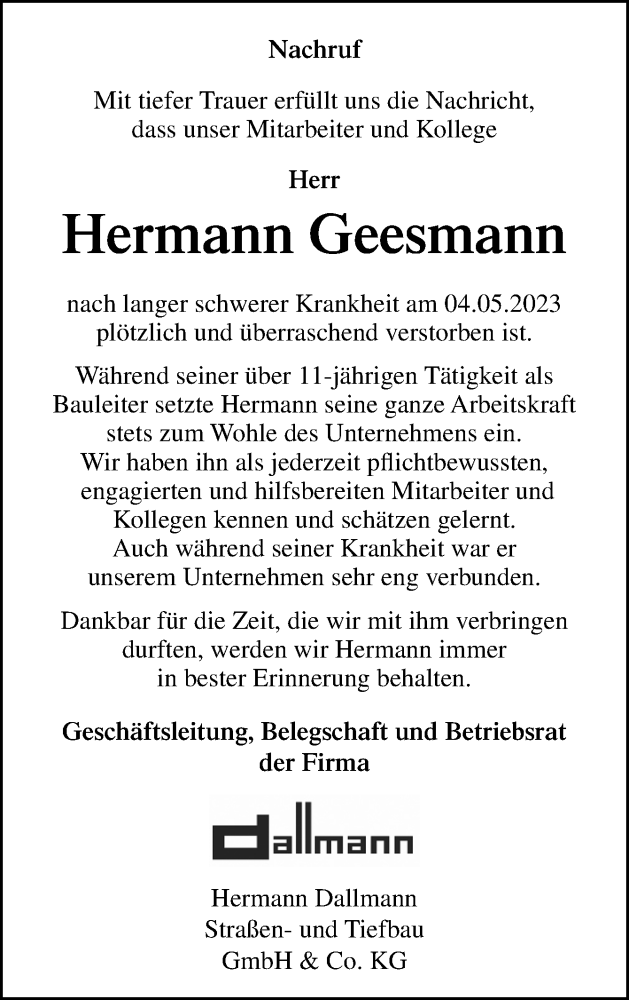  Traueranzeige für Hermann Geesmann vom 25.05.2023 aus Neue Osnabrücker Zeitung GmbH & Co. KG