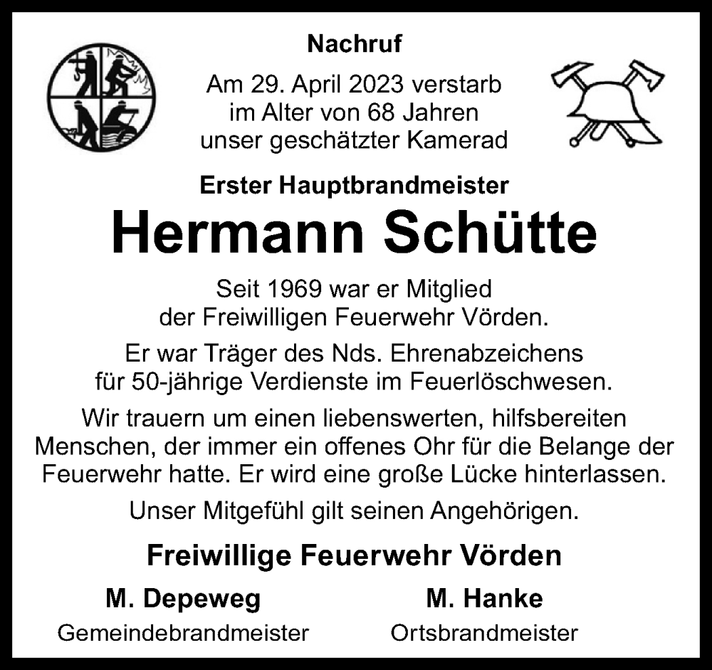  Traueranzeige für Hermann Schütte vom 06.05.2023 aus Neue Osnabrücker Zeitung GmbH & Co. KG