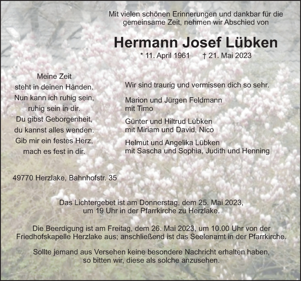  Traueranzeige für Hermann Josef Lübken vom 24.05.2023 aus Neue Osnabrücker Zeitung GmbH & Co. KG