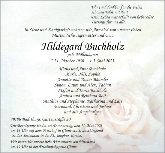 Traueranzeige von Hildegard Buchholz von Neue Osnabrücker Zeitung GmbH & Co. KG