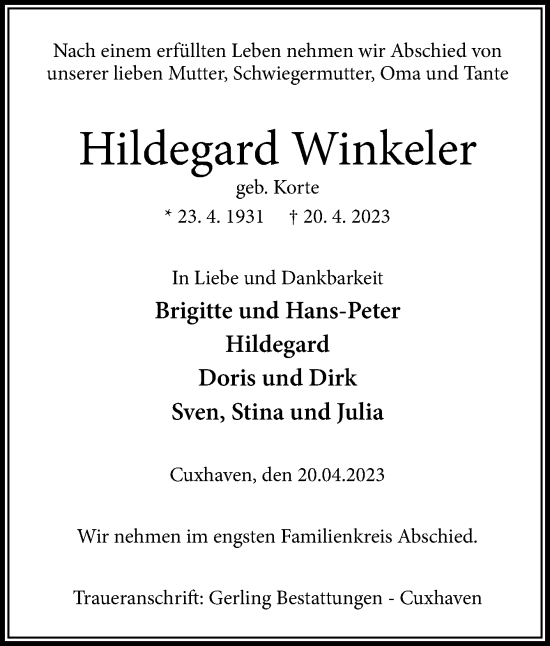 Traueranzeige von Hildegard Winkeler von Neue Osnabrücker Zeitung GmbH & Co. KG