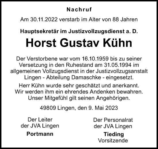 Traueranzeige von Horst Gustav Kühn von Neue Osnabrücker Zeitung GmbH & Co. KG