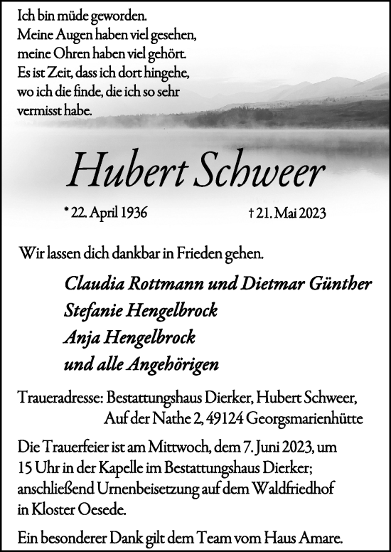 Traueranzeige von Hubert Schweer von Neue Osnabrücker Zeitung GmbH & Co. KG
