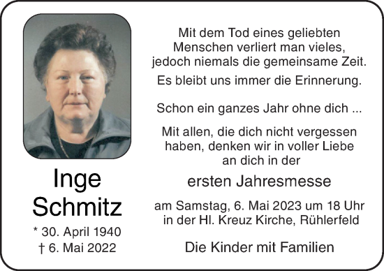 Traueranzeige von Inge Schmitz von Neue Osnabrücker Zeitung GmbH & Co. KG