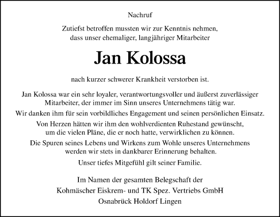 Traueranzeige von Jan Kolossa von Neue Osnabrücker Zeitung GmbH & Co. KG