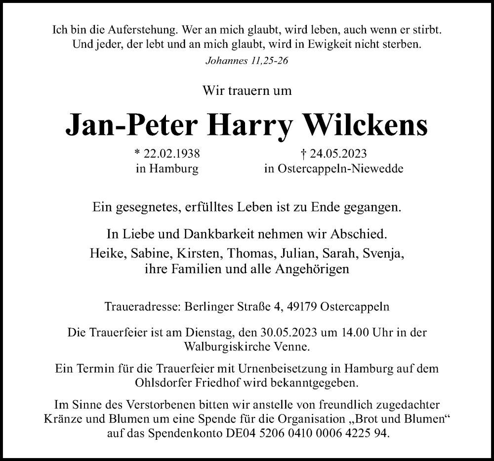  Traueranzeige für Jan-Peter Harry Wilckens vom 27.05.2023 aus Neue Osnabrücker Zeitung GmbH & Co. KG