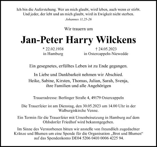 Traueranzeige von Jan-Peter Harry Wilckens von Neue Osnabrücker Zeitung GmbH & Co. KG