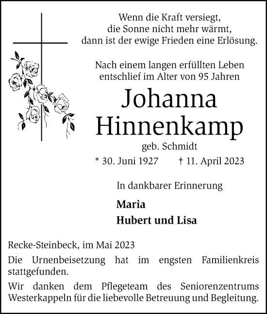 Traueranzeige von Johanna Hinnenkamp von Neue Osnabrücker Zeitung GmbH & Co. KG