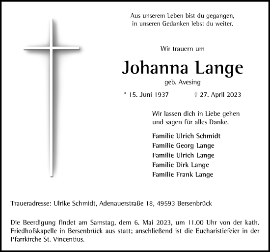 Traueranzeige von Johanna Lange von Neue Osnabrücker Zeitung GmbH & Co. KG