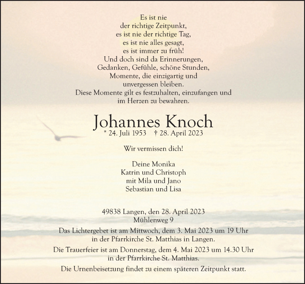  Traueranzeige für Johannes Knoch vom 02.05.2023 aus Neue Osnabrücker Zeitung GmbH & Co. KG