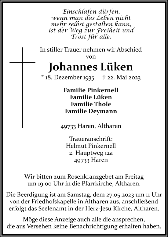 Traueranzeige von Johannes Lüken von Neue Osnabrücker Zeitung GmbH & Co. KG