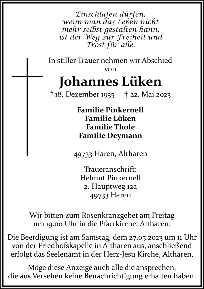  Traueranzeige für Johannes Lüken vom 24.05.2023 aus Neue Osnabrücker Zeitung GmbH & Co. KG