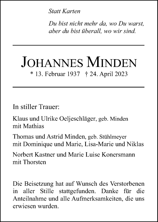 Traueranzeige von Johannes Minden von Neue Osnabrücker Zeitung GmbH & Co. KG