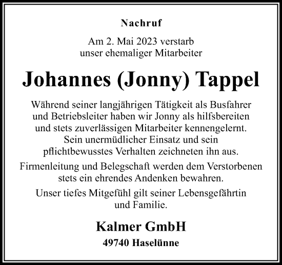 Traueranzeige von Johannes Tappel von Neue Osnabrücker Zeitung GmbH & Co. KG