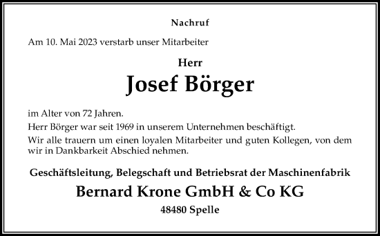 Traueranzeige von Josef Börger von Neue Osnabrücker Zeitung GmbH & Co. KG