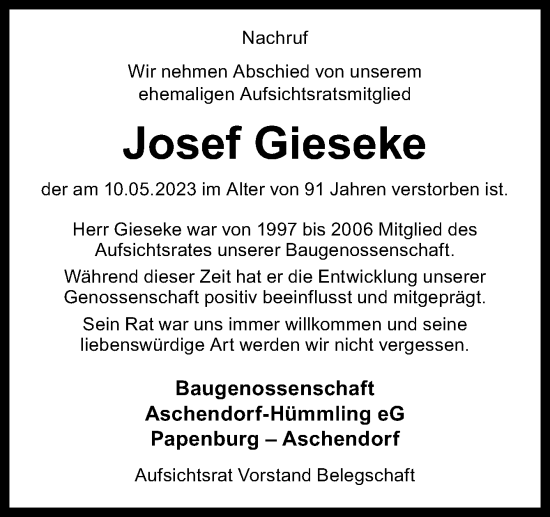 Traueranzeige von Josef Gieseke von Neue Osnabrücker Zeitung GmbH & Co. KG