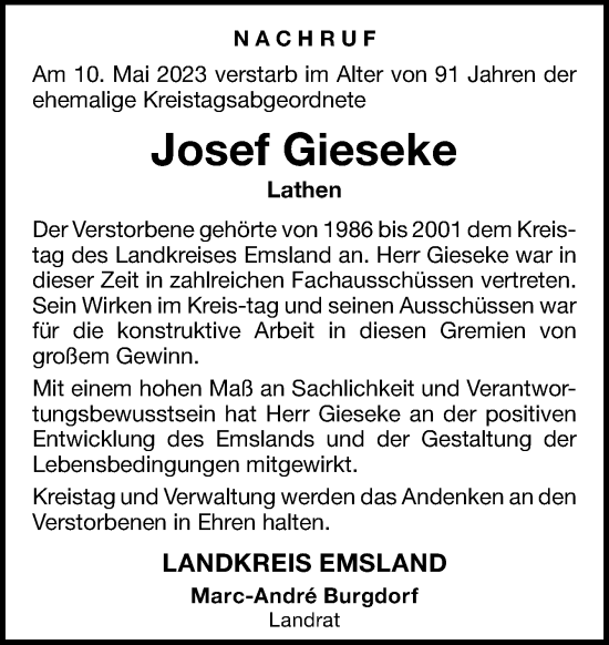 Traueranzeige von Josef Gieseke von Neue Osnabrücker Zeitung GmbH & Co. KG