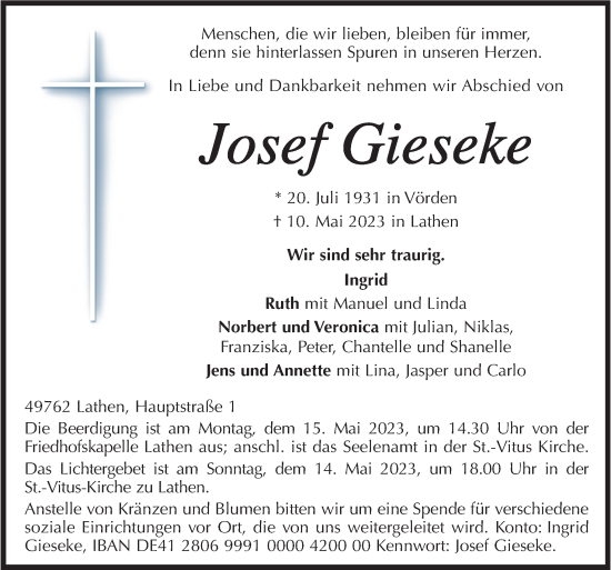 Traueranzeige von Josef Gieseke von Neue Osnabrücker Zeitung GmbH & Co. KG