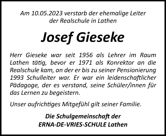 Traueranzeige von Josef Gieseke von Neue Osnabrücker Zeitung GmbH & Co. KG