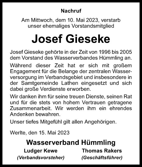 Traueranzeige von Josef Gieseke von Neue Osnabrücker Zeitung GmbH & Co. KG