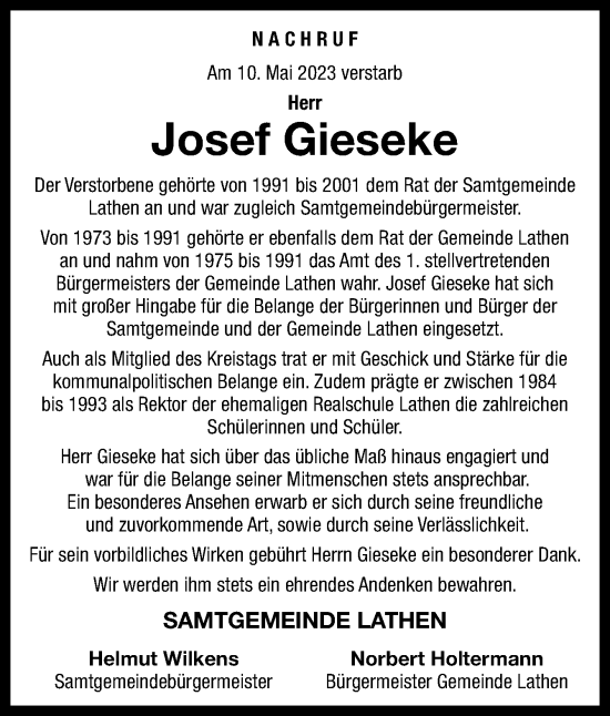 Traueranzeige von Josef Gieseke von Neue Osnabrücker Zeitung GmbH & Co. KG