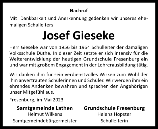 Traueranzeige von Josef Gieseke von Neue Osnabrücker Zeitung GmbH & Co. KG