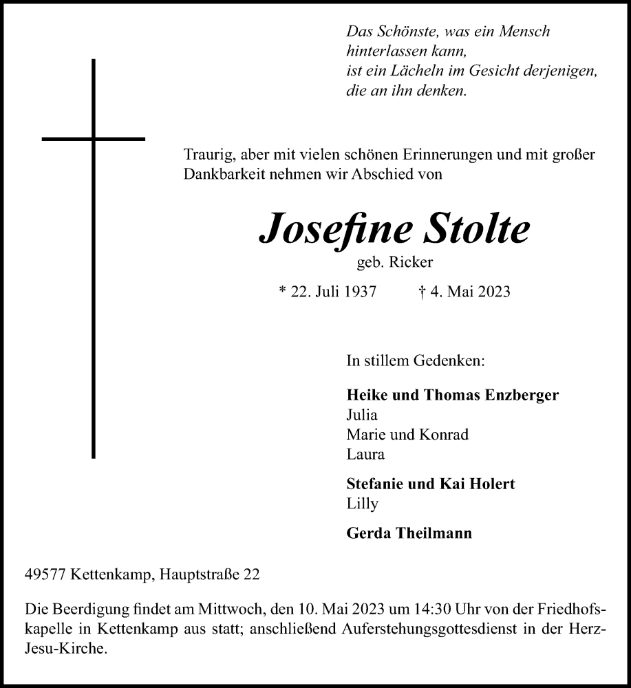  Traueranzeige für Josefine Stolte vom 08.05.2023 aus Neue Osnabrücker Zeitung GmbH & Co. KG