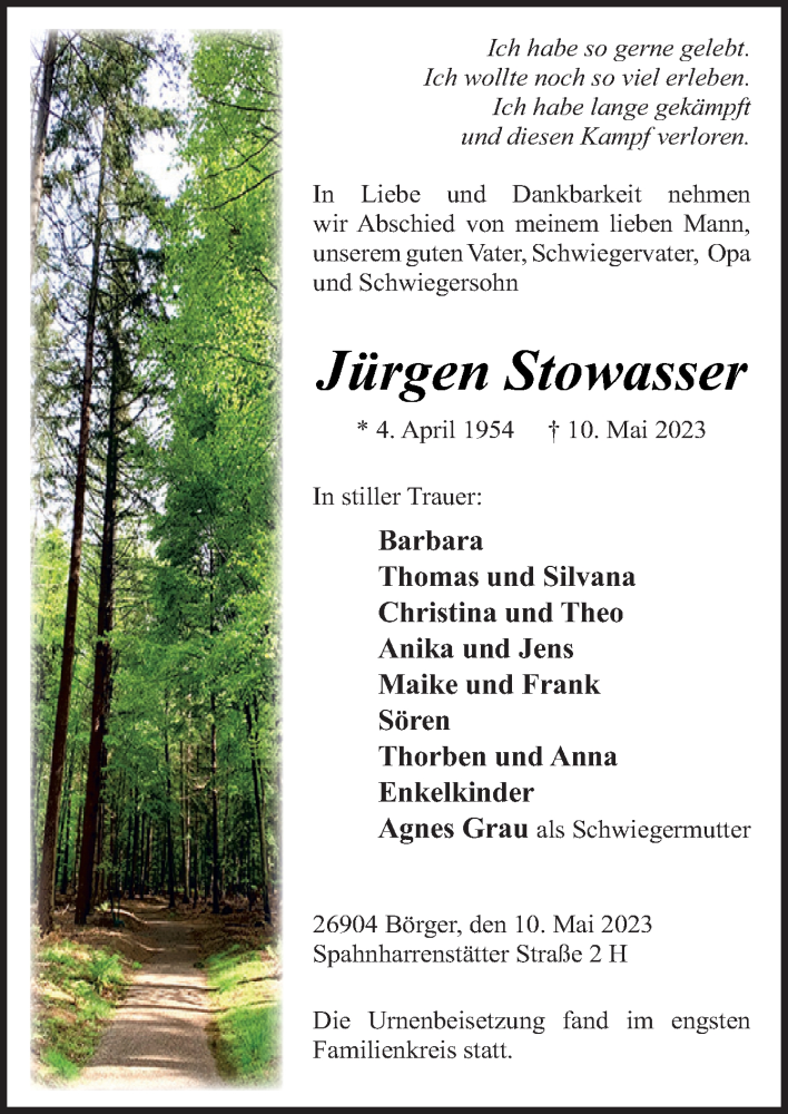  Traueranzeige für Jürgen Stowasser vom 30.05.2023 aus Neue Osnabrücker Zeitung GmbH & Co. KG