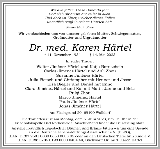 Traueranzeige von Karen Härtel von Neue Osnabrücker Zeitung GmbH & Co. KG