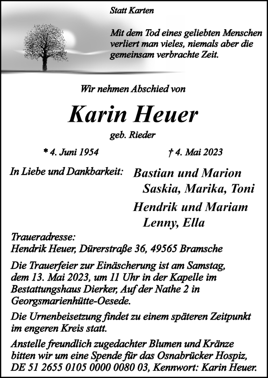 Traueranzeige von Karin Heuer von Neue Osnabrücker Zeitung GmbH & Co. KG