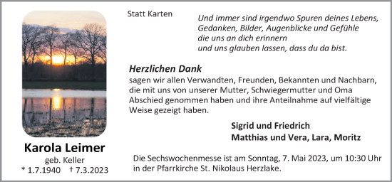 Traueranzeige von Karola Leimer von Neue Osnabrücker Zeitung GmbH & Co. KG