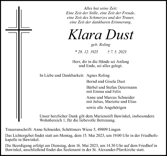 Traueranzeige von Klara Dust von Neue Osnabrücker Zeitung GmbH & Co. KG