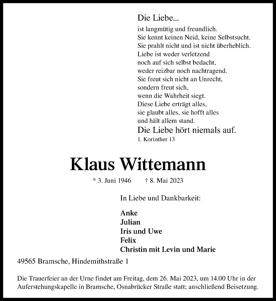  Traueranzeige für Klaus Wittemann vom 13.05.2023 aus Neue Osnabrücker Zeitung GmbH & Co. KG