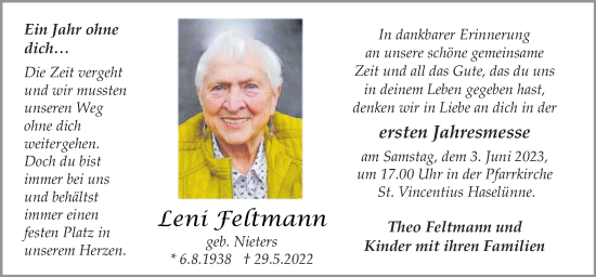 Traueranzeige von Leni Feltmann von Neue Osnabrücker Zeitung GmbH & Co. KG