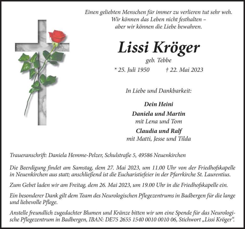  Traueranzeige für Lissi Kröger vom 25.05.2023 aus Neue Osnabrücker Zeitung GmbH & Co. KG