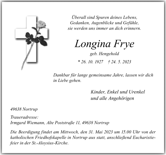 Traueranzeige von Longina Frye von Neue Osnabrücker Zeitung GmbH & Co. KG