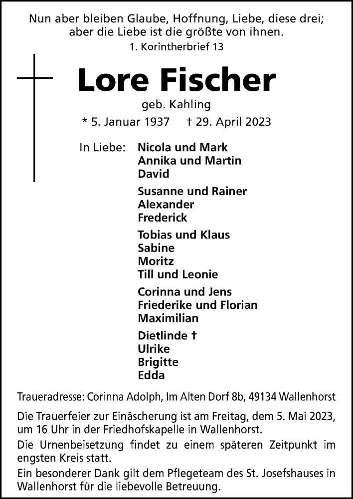 Traueranzeigen Von Lore Fischer | Noz Trauerportal