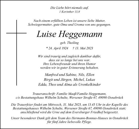 Traueranzeige von Luise Heggemann von Neue Osnabrücker Zeitung GmbH & Co. KG