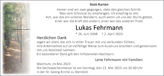 Traueranzeige von Lukas Fehrmann von Neue Osnabrücker Zeitung GmbH & Co. KG