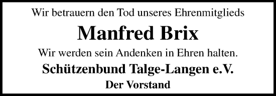 Traueranzeige von Manfred Brix von Neue Osnabrücker Zeitung GmbH & Co. KG