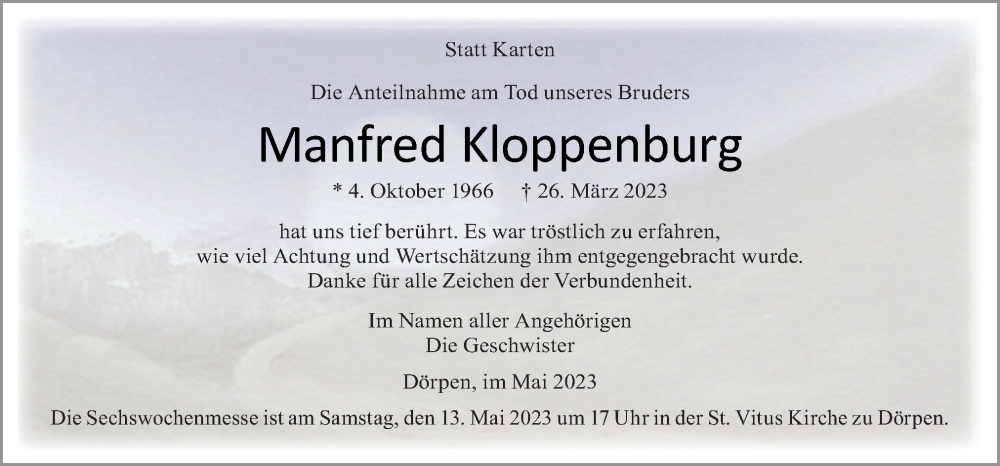  Traueranzeige für Manfred Kloppenburg vom 10.05.2023 aus Neue Osnabrücker Zeitung GmbH & Co. KG