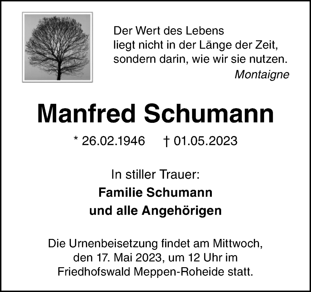  Traueranzeige für Manfred Schumann vom 13.05.2023 aus Neue Osnabrücker Zeitung GmbH & Co. KG