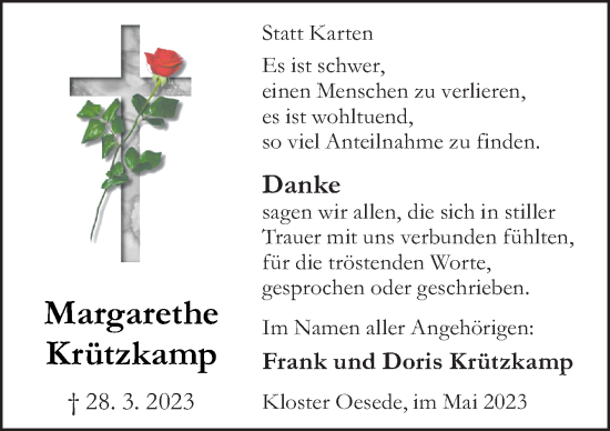 Traueranzeige von Margarethe Krützkamp von Neue Osnabrücker Zeitung GmbH & Co. KG