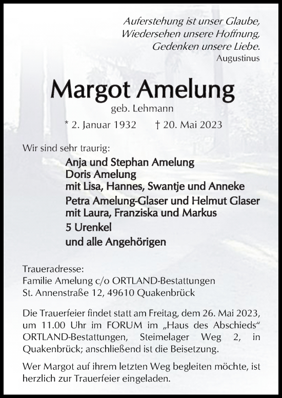 Traueranzeige von Margot Amelung von Neue Osnabrücker Zeitung GmbH & Co. KG